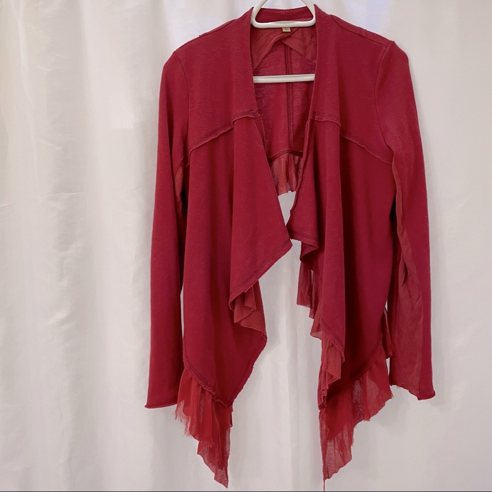 Free People Crop Back Layered Shrug Cardigan  Red One Size Waterfall Cascade Hem